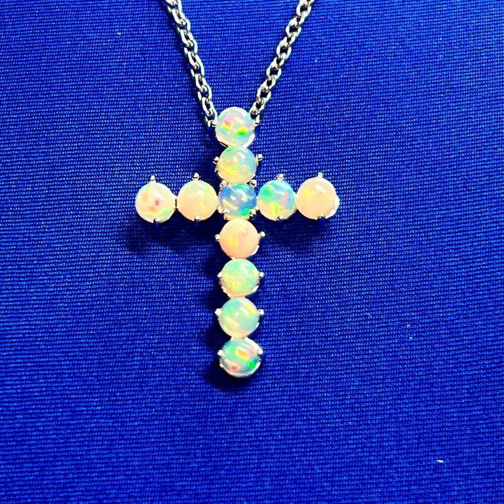 Natural Opal Cross Pendant Necklace 20" 14k WG 4.50 CT Certified $3,250 311040